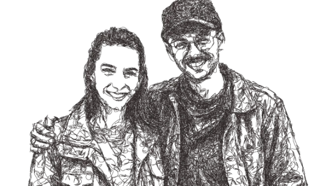 Stephanie and Isaac Budmen, drawn in a dense pen scribble: Stephanie smiling under Isaac's arm