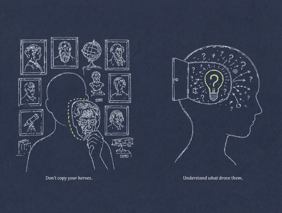 Plot spread: a figure holds a mask of a famous face before a wall of hero portraits; opposite, a head opens to reveal a glowing question mark.