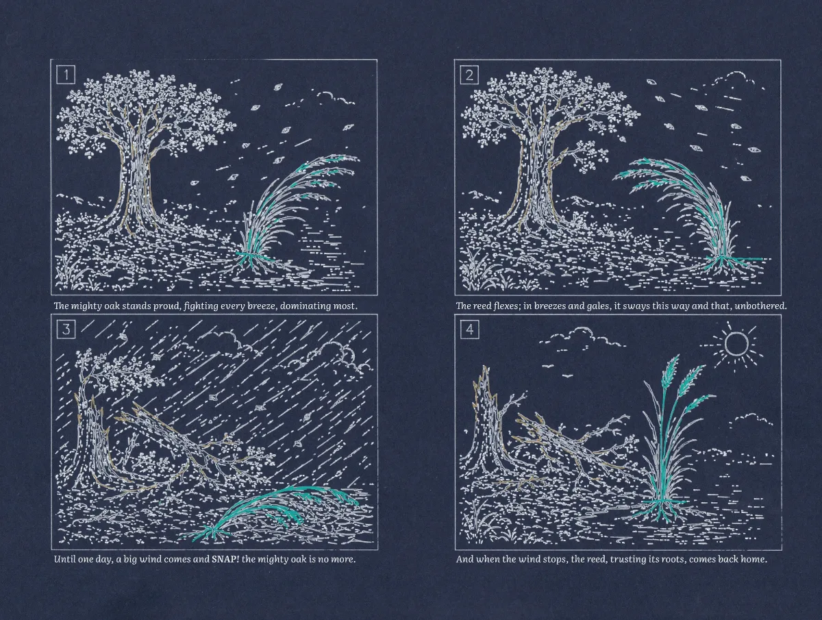 Plot spread in four panels: an oak fights the wind while a reed flexes; the oak snaps; the reed comes back home.