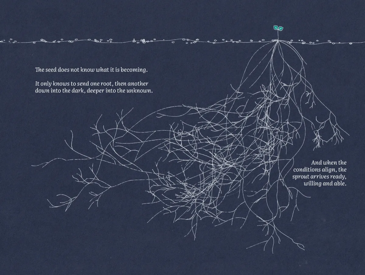 Plot spread: a sprout at the surface, its roots reaching wide and deep underground.