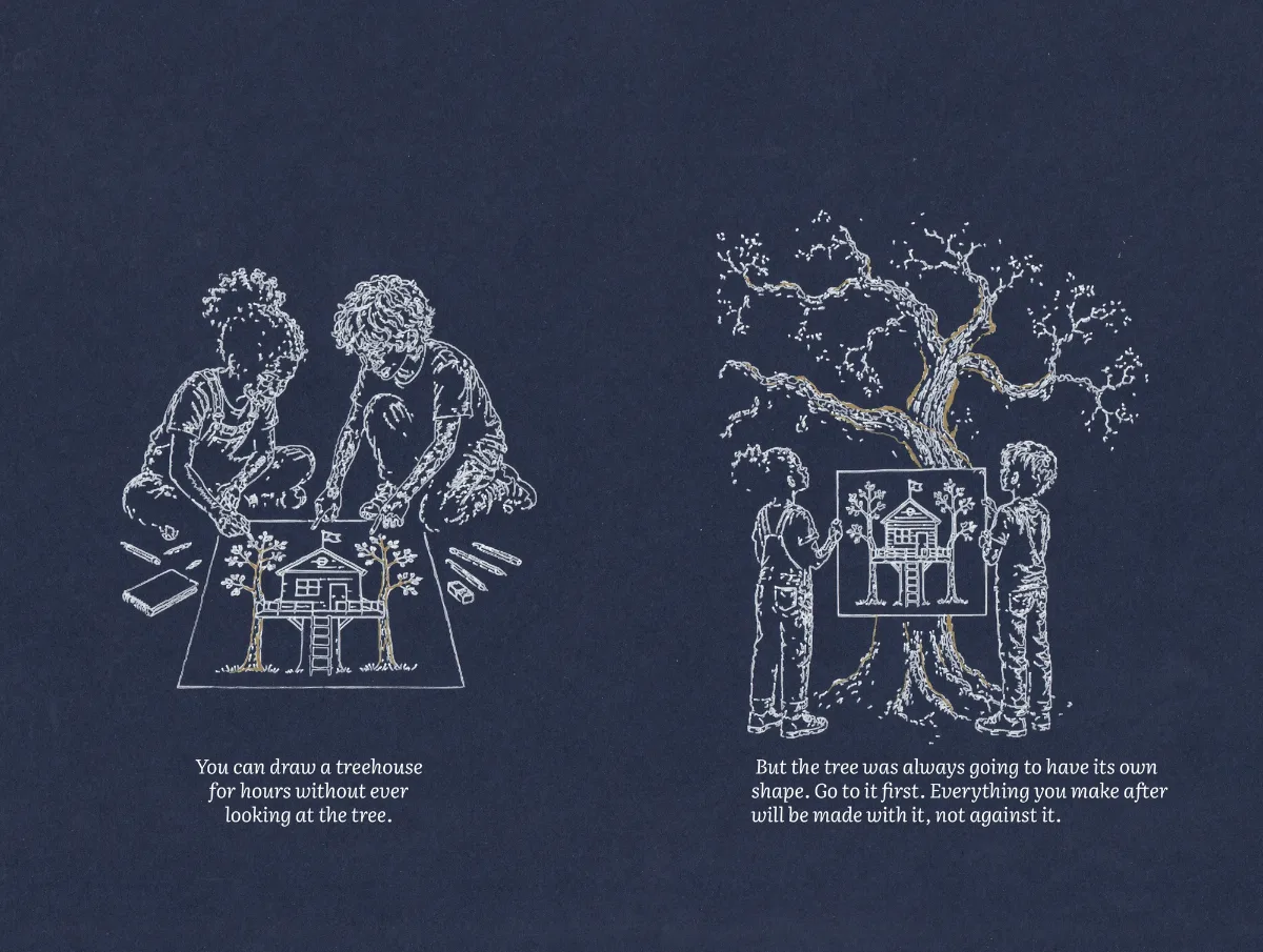 Plot spread: two children draw a treehouse on paper, then stand with their drawing at the foot of the real tree.