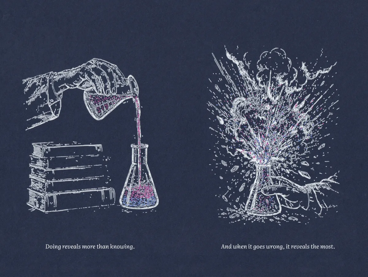 Plot spread: a hand pours a beaker into a flask beside a stack of books; opposite, the flask erupts.