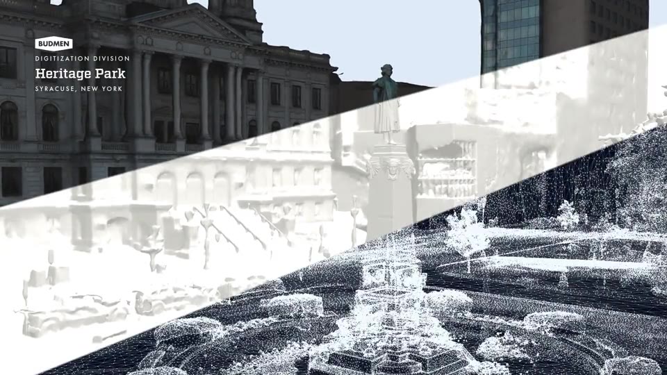 The 3D model of Columbus Circle split into bands: point cloud, plain solid surfaces, and photographic texture