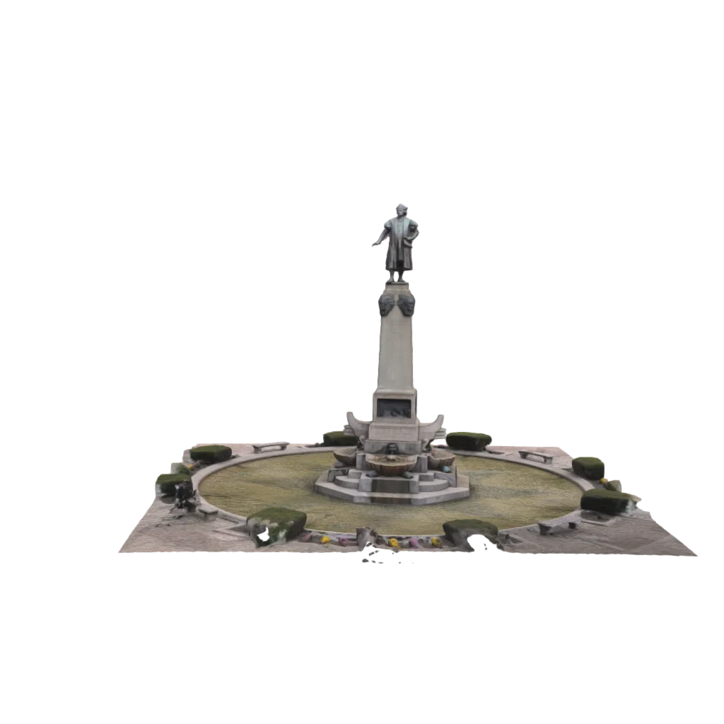 The 2014 3D model of the Columbus Monument: the bronze figure on its pedestal above the fountain, on a floating patch of the circle