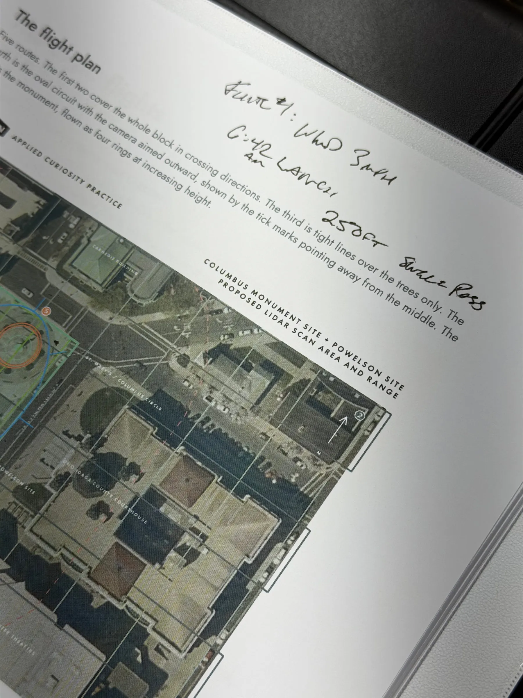 A binder page titled The flight plan, with a satellite image of the site and handwritten flight notes