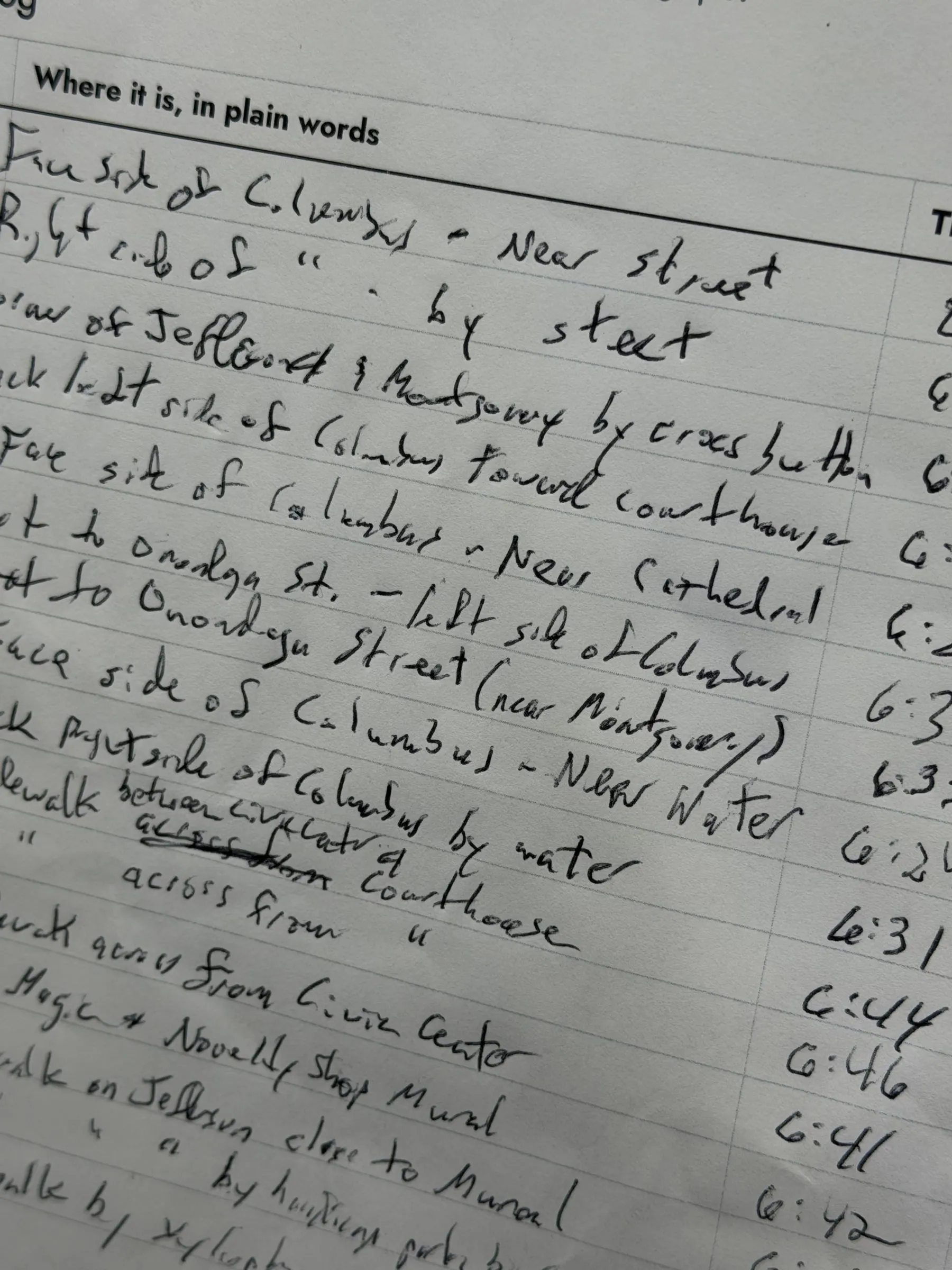 Close view of the handwritten target log describing where each marker sits