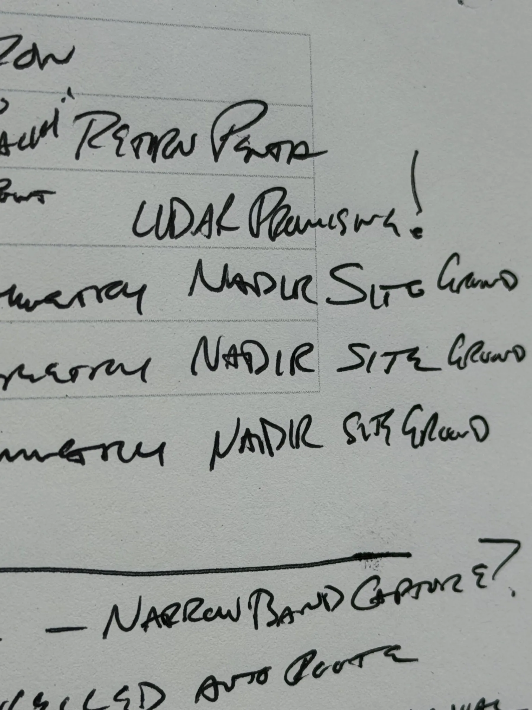 Handwritten log entries reading nadir site grid, with LiDAR promising written beside one flight