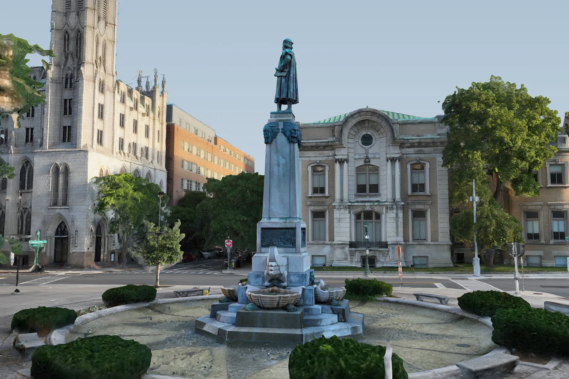 Human-scale render looking past the monument toward the Carnegie Building