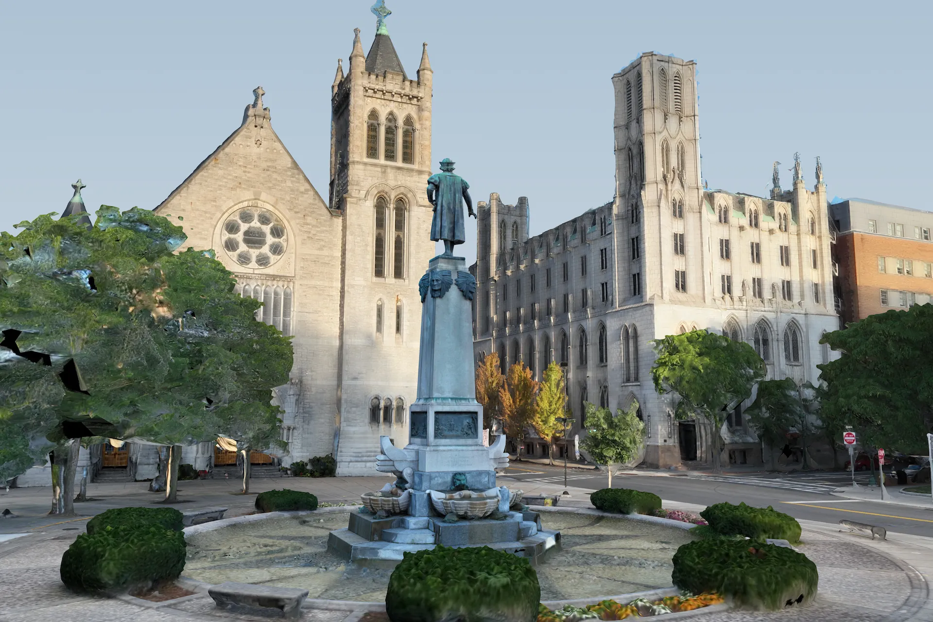 Render of the monument framed against the cathedral facade