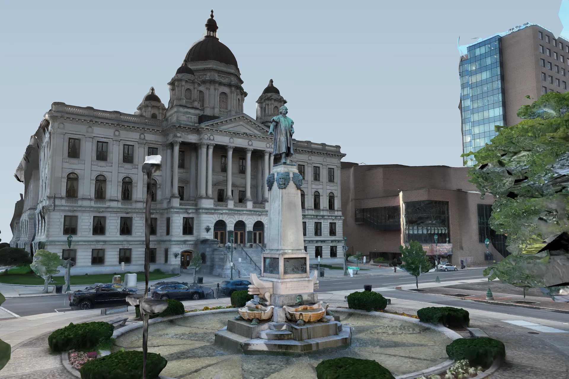 Render of the monument in front of the domed courthouse
