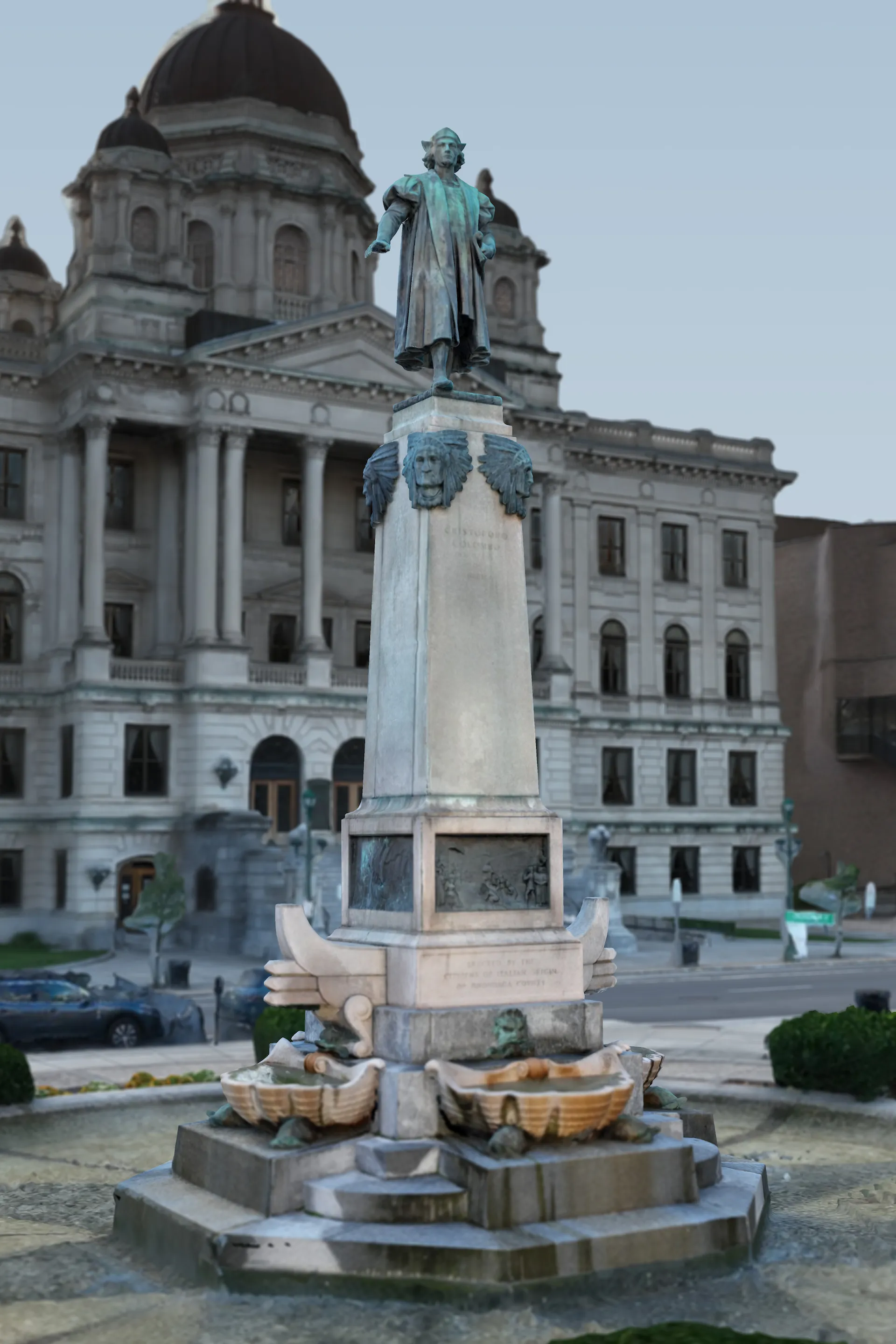 Render of the 3D model showing the Columbus Monument in front of the courthouse facade