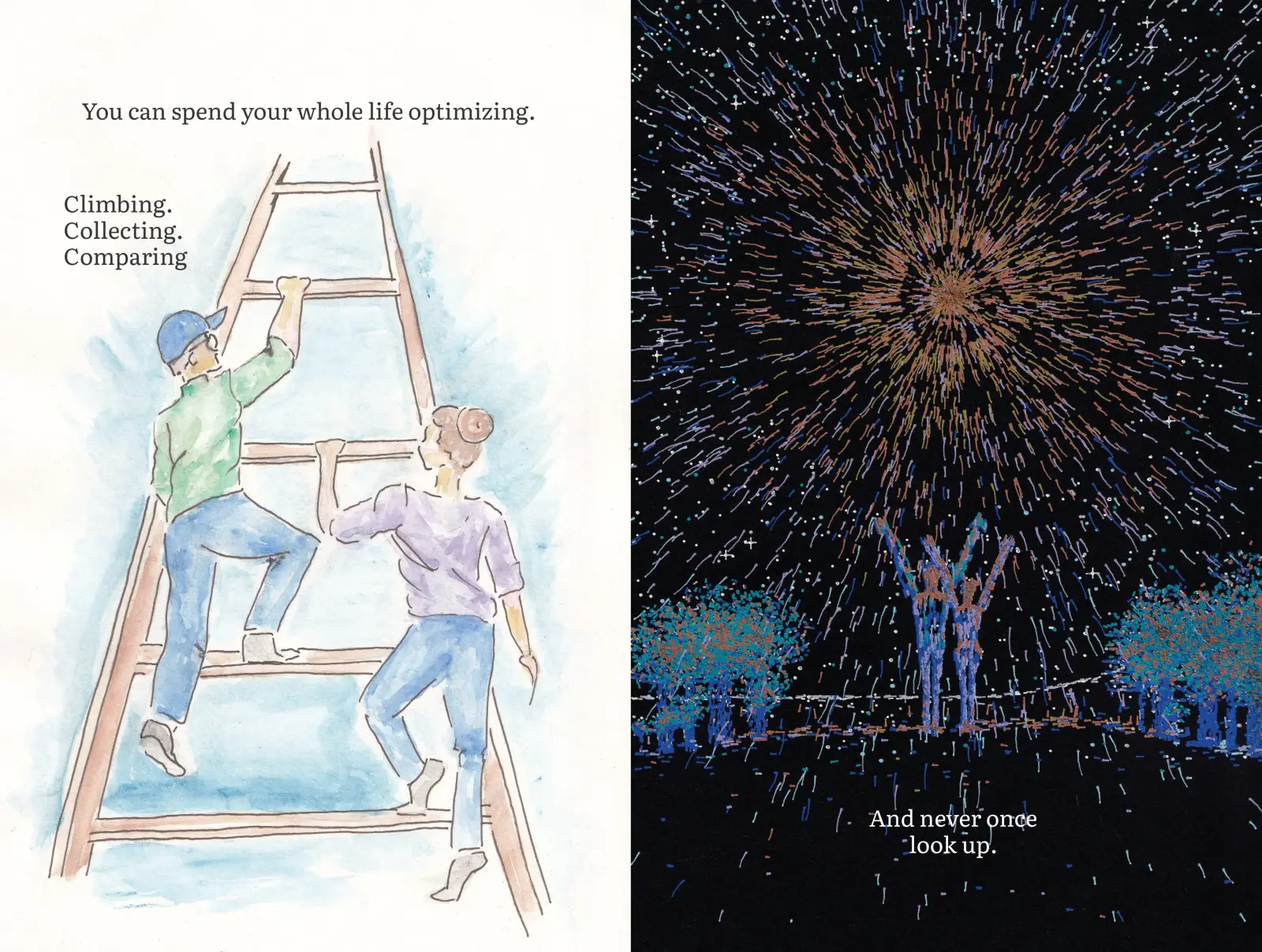 Watercolor page: two people climbing a ladder while fireworks burst in the night sky behind them
