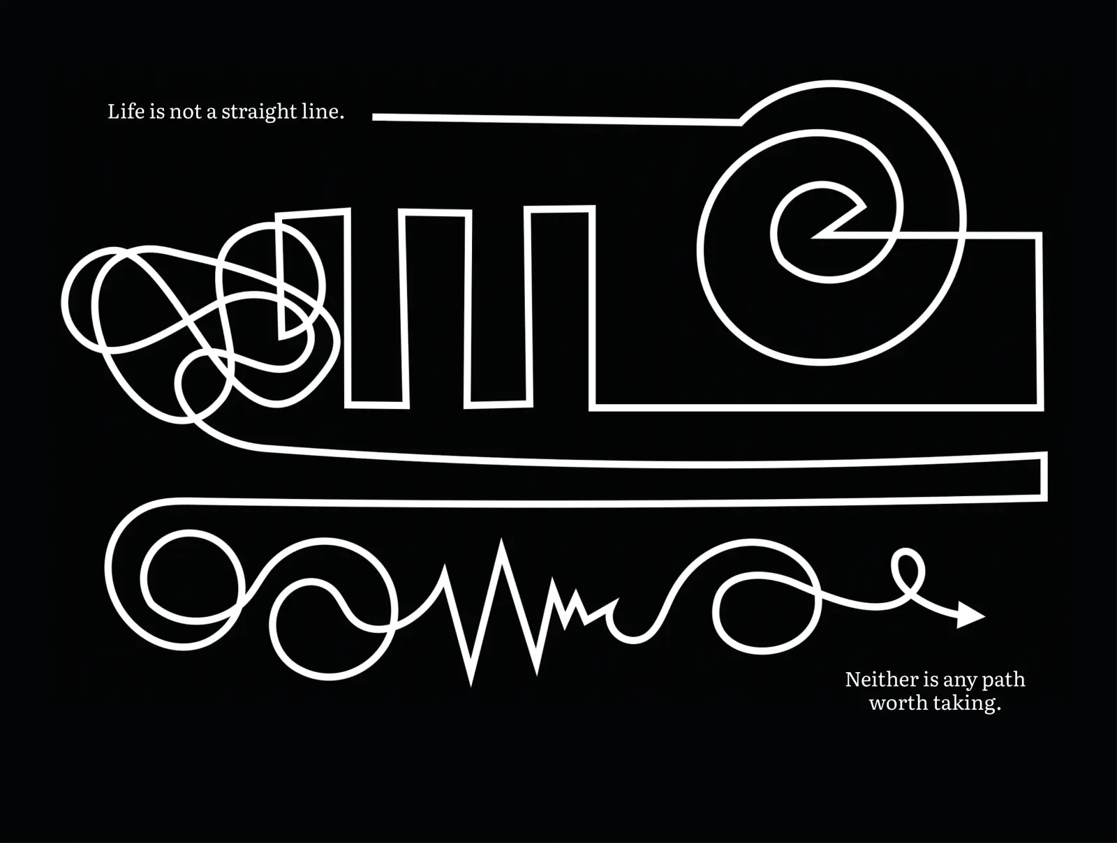 Dark page: a single white line tangling, looping, and zigzagging its way across a black spread